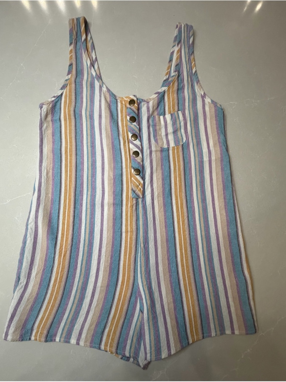 Chocolate Multicolor Striped Tank Romper Coastal Boho Linen Blend M
